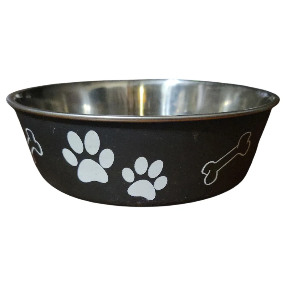 Pet Dog Cat Anti Skid STAINLESS STEEL Paw Prints Bones M 27 Oz Bella Bowl Rubber